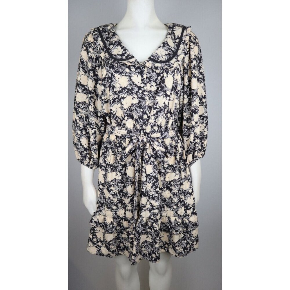 LC LAUREN CONRAD - WOMEN'S BLACK & BEIGE FLORAL PRINT 3/4 SLEEVE SHIRT DRESS - M